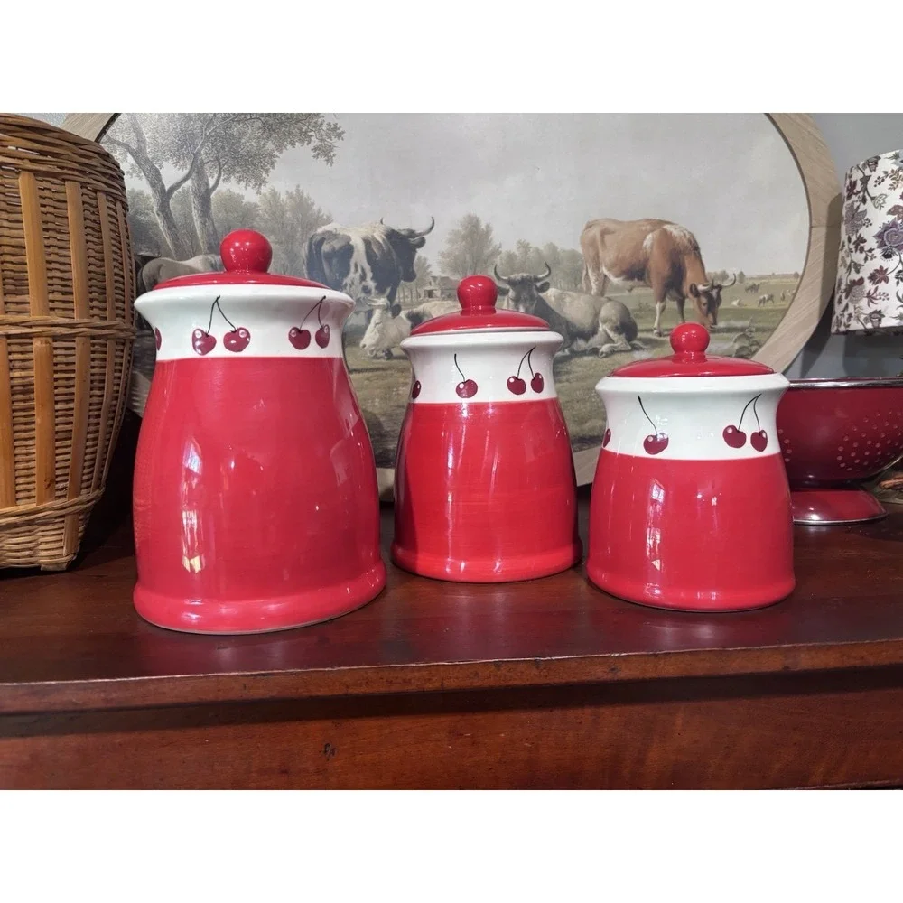 Vintage Terramoto Two Ceramic Kitchen Canisters  Cherries Red White Cottagecore